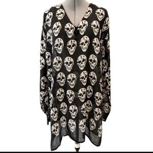 100% Cotton Black & Cream Skull Print Tunic Whimsygoth Coverup Grunge OS